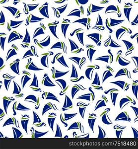 Sailing ships seamless background with pattern of blue and green sporting boats and yachts with sea waves. Marine travel, sailing sport or regatta themes design. Sailing ships, boats and yachts seamless pattern