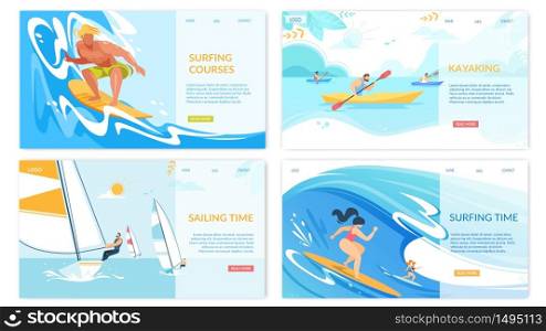 Sailing, Surfing, Kayaking Water Sport Activities Horizontal Banners Set, Summer Time Water Competition, Outdoors Sports Recreation, Active Lifestyle, Extreme Sport Cartoon Flat Vector Illustration. Sailing, Surfing, Kayaking Water Sport Banners Set
