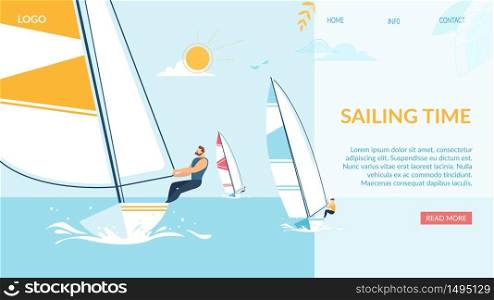 Sailing Time Horizontal Banner, Team Struggle Regatta Ship, Summer Time Water Competition, Sports Activity, Recreation Outdoors Lifestyle, Extreme Sport, Windsurfing Cartoon Flat Vector Illustration. Sailing Time Banner, Team Struggle Regatta Ship