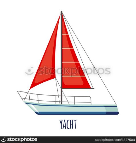 Sailing yacht icon with red sail in flat style isolated on white background. Vector illustration.. Vector Sailing yacht icon in flat style isolated on white.