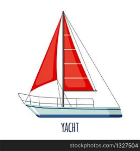 Sailing yacht icon with red sail in flat style isolated on white background. Vector illustration.. Vector Sailing yacht icon in flat style isolated on white.