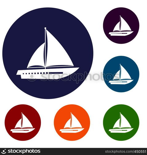 Sailing yacht icons set in flat circle reb, blue and green color for web. Sailing yacht icons set