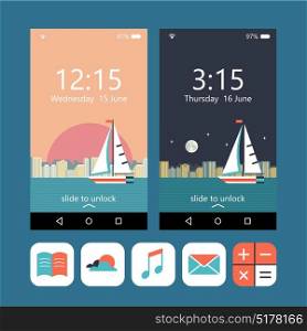 Sailing yacht on the background of night and day city landscape. Wallpapers for your phone. Vector icons.