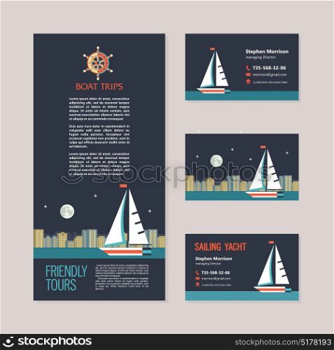 Sailing yacht on the background of night city landscape. Boat trips. Vector concept of the flyer and business cards.