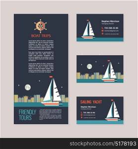 Sailing yacht on the background of night city landscape. Boat trips. Vector concept of the flyer and business cards.