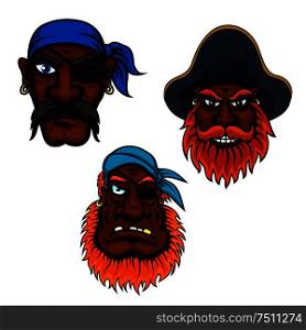 Sailor and captain pirates heads. Danger corsairs, buccaneers and filibusters in hats and bandanna. Sailor and captain pirates heads