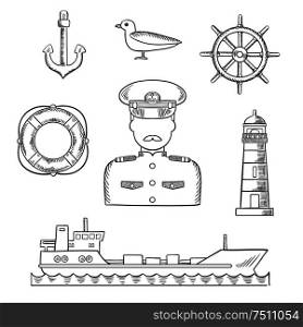 Sailor and captain profession design with moustached captain in white uniform, helm, ship, anchor, lifebuoy, lighthouse and seagull icons. Sketch style vector. Sailor, seaman and captain profession design