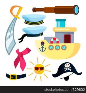Sailor Icons Pirate Ship Sea Vector. Flat Cartoon Illustration. Sailor Icons Pirate Ship Sea Vector. Isolated Flat Cartoon Illustration