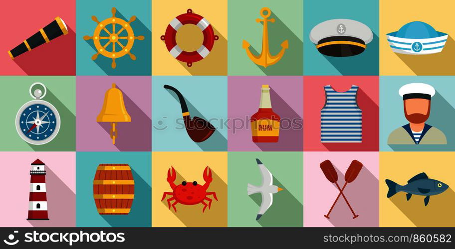 Sailor icons set. Flat set of sailor vector icons for web design. Sailor icons set, flat style