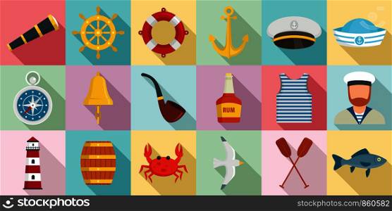 Sailor icons set. Flat set of sailor vector icons for web design. Sailor icons set, flat style