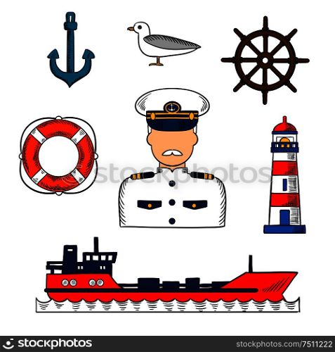Sailor or captain profession infographic elements with moustached captain in white uniform, helm, tanker ship, anchor and lifebuoy, lighthouse and seagull icons. Colorful vector sketch. Captain or sailor with nautical objects