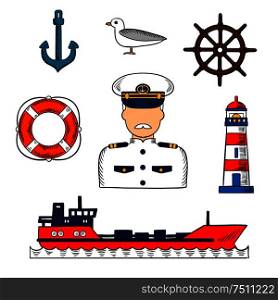 Sailor or captain profession infographic elements with moustached captain in white uniform, helm, tanker ship, anchor and lifebuoy, lighthouse and seagull icons. Colorful vector sketch. Captain or sailor with nautical objects
