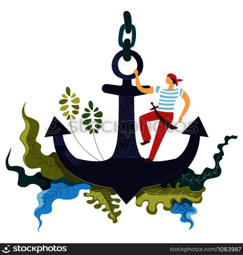 Sailor, seaman standing on the blue anchor with beautifully detailed engraved ornament, floral greenery motif, colorful flat concept vector illustration on white background. Sailor, seaman with saber standing on the anchor, floral greenery motif concept art