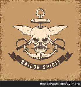 Sailor spirit. Skull with anchor and knives on grunge background. Vector illustration.