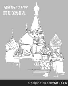 Saint Basil&rsquo;s Cathedral of Kremlin (Moscow) vector hand drawing illustration in white color on grey background