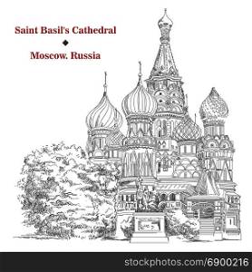 Saint Basils Cathedral of Kremlin (Moscow) isolated vector hand drawing illustration in black color on white background