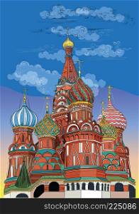 Saint Basils Cathedral of Kremlin (Moscow, Russia). Colorful isolated vector hand drawing illustration.