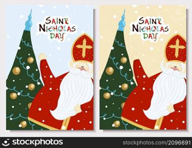 Saint nicholas day postcard. Postage congratulations. Christian holiday. An old man in a red miter and robe.. Saint nicholas day postcard. Postage congratulations. Christian holiday. An old man in a red miter and robe