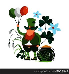Saint Patrick celebration, symbolic images of dwarf and pot filled with gold coins vector. Shamrock Irish symbol of luck, floral signs. Old man with beard, holding balloons of different colors. Saint Patrick celebration, symbolic images of dwarf and pot