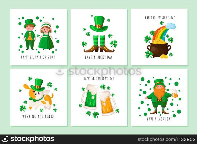 Saint Patrick day - Leprechaun, girl and boy in Irish retro costumes, cauldron with gold coins, boots and stocckings, bowler hat, cute puppy in festive suit - greeting cards templates, vector set. Saint Patricks Day cartoon