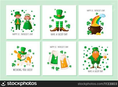 Saint Patrick day - Leprechaun, girl and boy in Irish retro costumes, cauldron with gold coins, boots and stocckings, bowler hat, cute puppy in festive suit - greeting cards templates, vector set. Saint Patricks Day cartoon