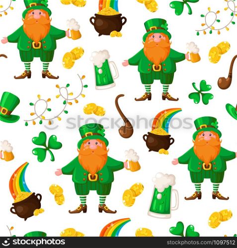 Saint Patrick day seamless pattern - cartoon leprechaun with red beard and beer cup, shamrock, garland, golden coins pot, smoking pipe - holiday vector background for wrapping, textile, digital paper. Saint Patrick day seamless pattern