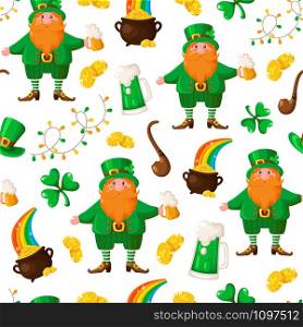 Saint Patrick day seamless pattern - cartoon leprechaun with red beard and beer cup, shamrock, garland, golden coins pot, smoking pipe - holiday vector background for wrapping, textile, digital paper. Saint Patrick day seamless pattern