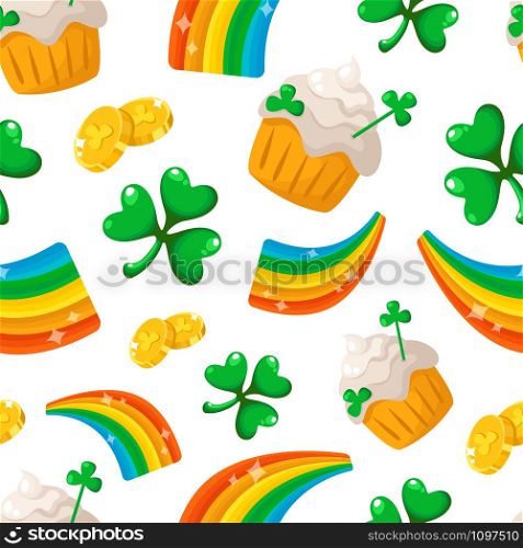 Saint Patrick day seamless pattern - cartoon shamrock, rainbow, sweet cake or dessert, golden coins - cute holiday vector background for wrapping, textile, digital paper. Saint Patrick day seamless pattern