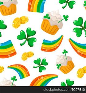 Saint Patrick day seamless pattern - cartoon shamrock, rainbow, sweet cake or dessert, golden coins - cute holiday vector background for wrapping, textile, digital paper. Saint Patrick day seamless pattern