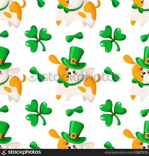 Saint Patrick day seamless pattern - dog or puppy in bowler hat and bow, shamrock or clover green leaf, kawaii cartoon style - cute holiday vector background for wrapping, textile, digital paper. Saint Patrick day seamless pattern