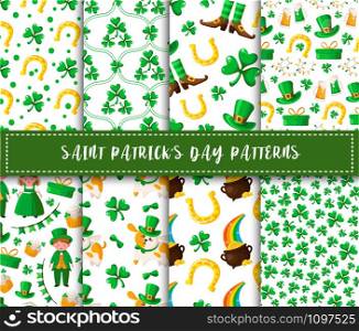 Saint Patrick day seamless pattern set kawaii cartoon boy and girl, shamrock, cute dog in hat, flags, garland, sweet cake, coins, horseshoe, gift box - holiday vector background for wrapping, textile. Saint Patrick day seamless pattern