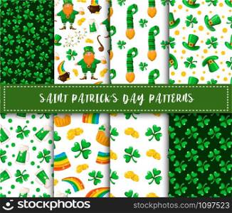 Saint Patrick day seamless pattern set - shamrock, leprechaun, bowler hat, cute dwarf, golden coins treasure, magic rainbow - traditional holiday vector background for wrapping, textile, digital paper. Saint Patrick day seamless pattern