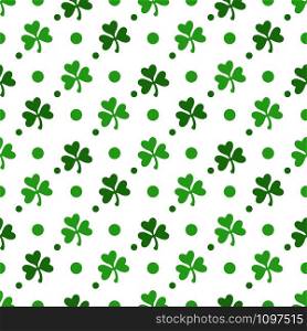 Saint Patrick day seamless pattern - shamrock or clover leaves, abstract ornament, simple shapes and polka dot traditional holiday vector background for wrapping, textile, digital paper. Saint Patrick day seamless pattern