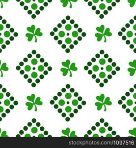 Saint Patrick day seamless pattern - shamrock or clover leaves, abstract ornament with dots and geometric shapes, simple traditional holiday vector background for wrapping, textile, digital paper. Saint Patrick day seamless pattern