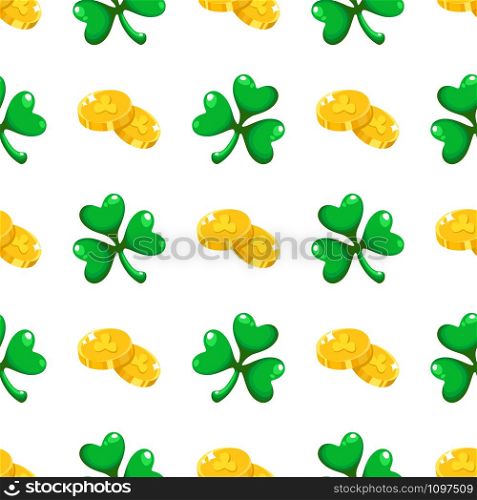 Saint Patrick day seamless pattern - shamrock or clover leaves and gold coins, abstract ornament, simple shapes traditional holiday vector background for wrapping, textile, digital paper. Saint Patrick day seamless pattern