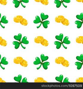 Saint Patrick day seamless pattern - shamrock or clover leaves and gold coins, abstract ornament, simple shapes traditional holiday vector background for wrapping, textile, digital paper. Saint Patrick day seamless pattern