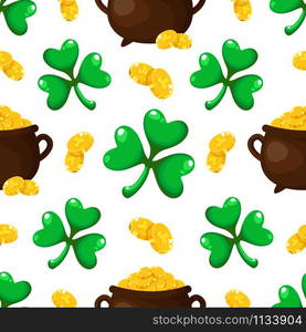 Saint Patrick day seamless pattern - shamrock or clover leaves and gold coins, secret treasure of leprechauns, traditional holiday cartoon vector background for wrapping, textile, digital paper. Saint Patrick day seamless pattern