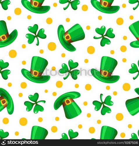 Saint Patrick day seamless pattern - shamrock or clover leaves and green bowler hat, polka dot ornament, simple traditional holiday vector background for wrapping, textile, digital paper. Saint Patrick day seamless pattern