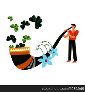 Saint Patrick holiday celebration traditional vegetation and man vector national Irish signs shamrock leaves symbols of luck male holding big pipe with flowers in bloom blooming floral decoration.. Saint Patrick holiday celebration traditional vegetation and man