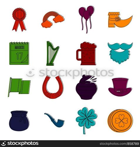 Saint Patrick icons set. Doodle illustration of vector icons isolated on white background for any web design. Saint Patrick icons doodle set