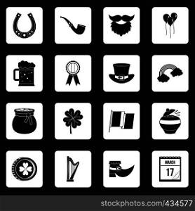 Saint Patrick icons set in white squares on black background simple style vector illustration. Saint Patrick icons set squares vector