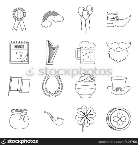 Saint Patrick icons set. Outline illustration of 16 Saint Patrick vector icons for web. Saint Patrick icons set, outline style