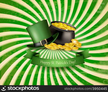 Saint Patrick&rsquo;s Day background with a green hat and gold coins in a cauldron. Vector illustration.