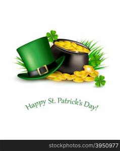 Saint Patrick&rsquo;s Day background with a green hat and gold coins in a cauldron. Vector illustration.