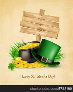 Saint Patrick&rsquo;s Day background with a sign, clover leaves, green hat and gold coins in a cauldron. Vector illustration.