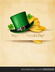 Saint Patrick&rsquo;s Day background with clover leaves, green hat and gold coins. Vector illustration.