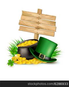 Saint Patrick&rsquo;s Day background with clover leaves, green hat and gold coins in a cauldron. Vector illustration.