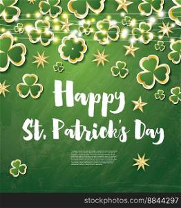 Saint Patrick&rsquo;s Day Background with Clover Leaves, Neon Lights and Golden Stars. Vector Illustration.