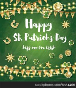 Saint Patrick&rsquo;s Day Background with Clover Leaves, Neon Lights and Golden Stars. Vector illustration.