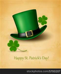 Saint Patrick&rsquo;s Day card with clove leaf and green hat. Vector illustration.